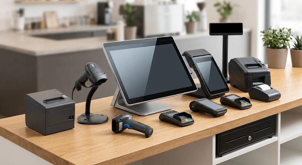 Android POS terminal, handheld terminals, receipt printers, barcode scanners and a cash drawer on a shop counter