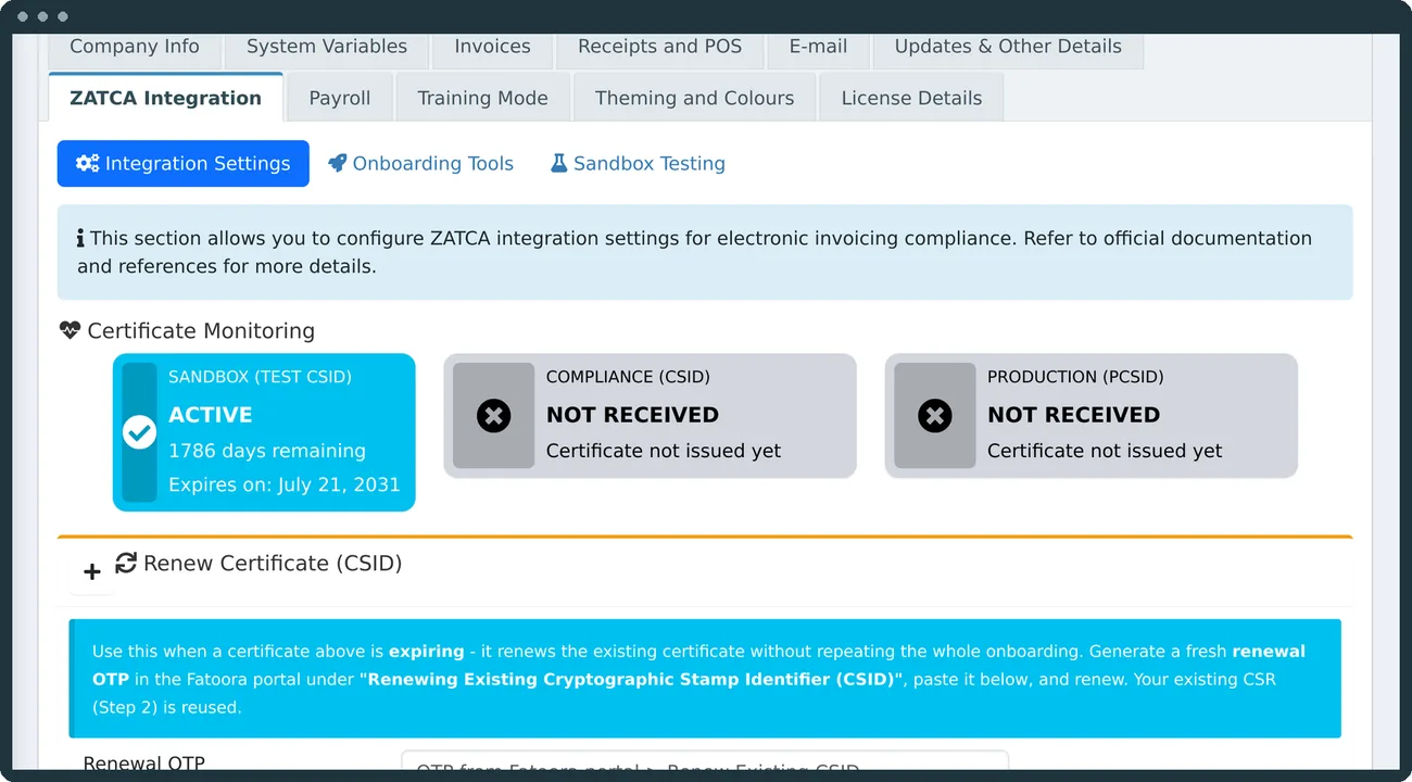 ZATCA integration settings